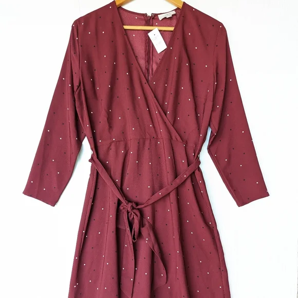 LOFT cross-over wrap bodice fit and flare polkadot dress